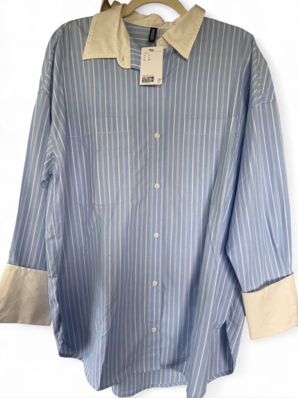 H&M Blue Pinstripe Button-Down with White Contrast Collar & Cuffs